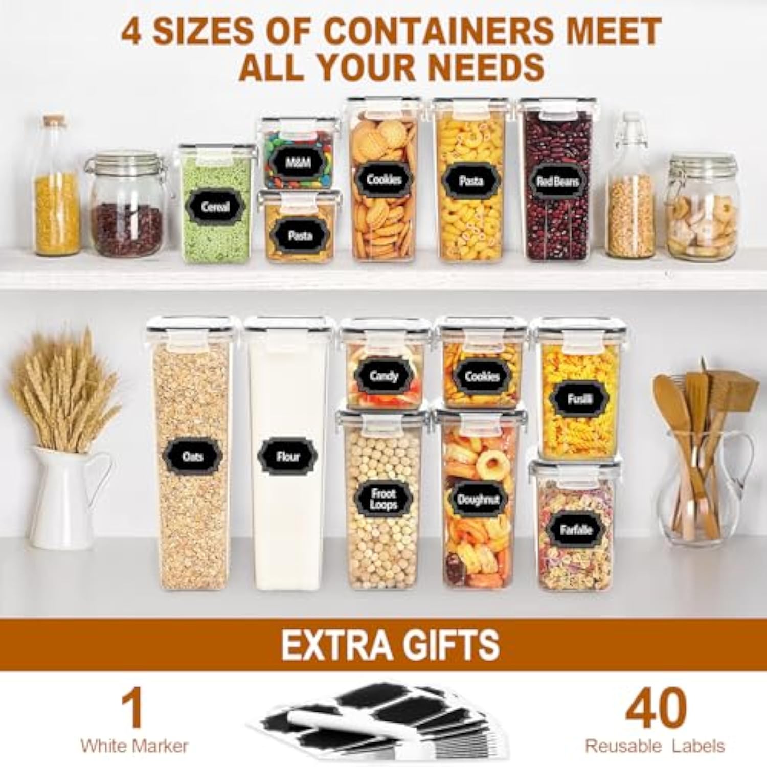 24 Pcs Airtight Food Storage Containers With Lids, Kitchen Pantry Organization And Storage Containers, Plastic Canisters For Flour, Sugar, Cereal And Dry Food, Bpa Free, 40 Labels & Marker