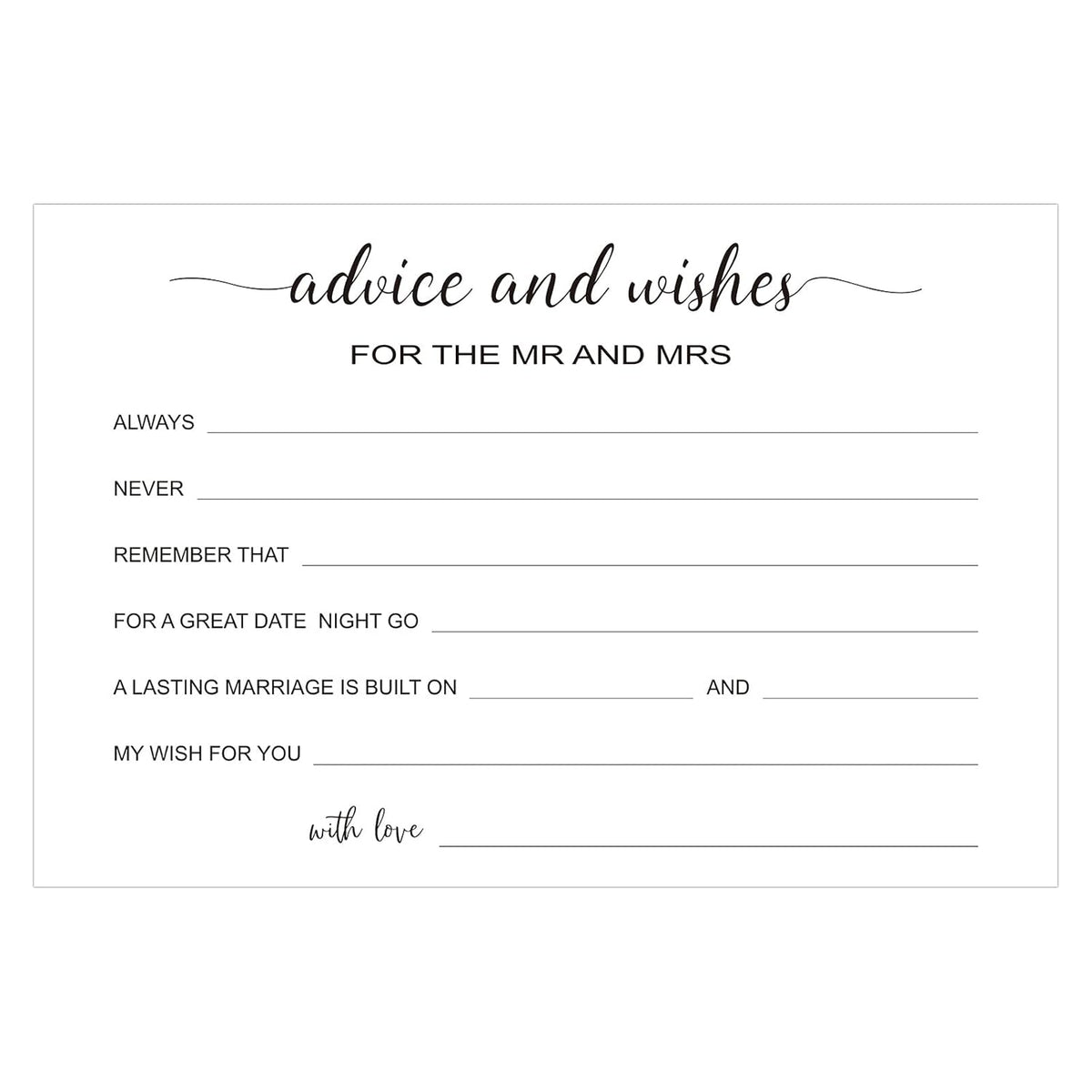 Advice And Wishes Cards - 50 Pcs Wedding Advice Cards For The Mr And Mrs, Bride And Groom, Newlyweds, 4X6 White Paper Mad Libs Card For Wedding, Engagement, Bridal Shower Party Games
