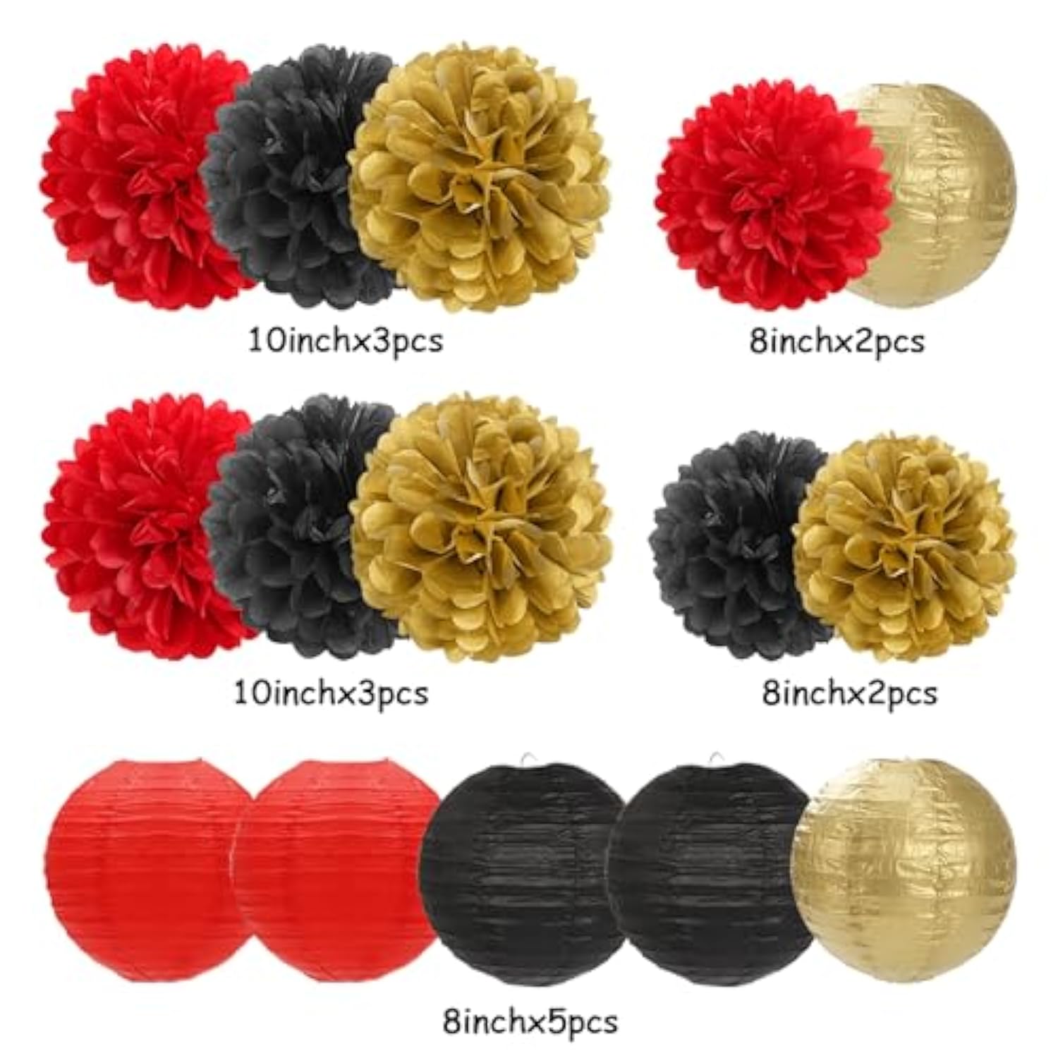 Red-Black Gold Party-Decorations Paper Flowers Lanterns - 15Pcs Casino Theme Halloween Tissue Pom Poms Streamers,Game Night Women Men Birthday Wedding Bachelorette Hanging Supplies Decor