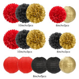 Red-Black Gold Party-Decorations Paper Flowers Lanterns - 15Pcs Casino Theme Halloween Tissue Pom Poms Streamers,Game Night Women Men Birthday Wedding Bachelorette Hanging Supplies Decor