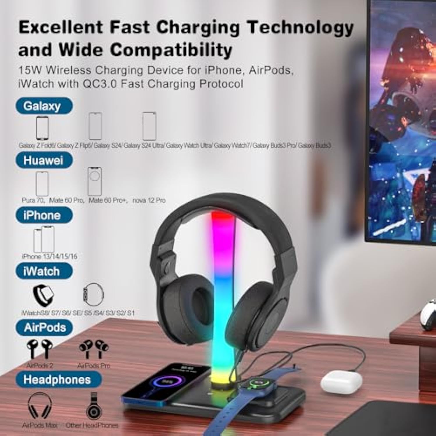 Rgb Headphone Stand With 15W Wireless Charger, 3 In 1 Gaming Headset Holder Charging Station For Desk For Iphone 16/15/14/13/12/11/X Airpods Max/Pro/4/3/2 Iwatch 10/9/8/7/6/5/4/3/2/1/Se