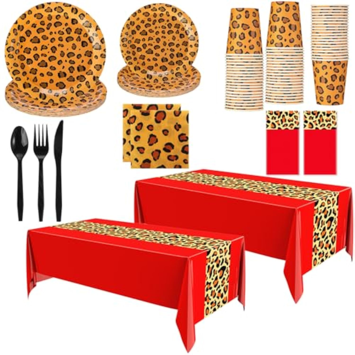 162 Pcs Cheetah Party Decorations Leopard Print Tableware Safari Animal Jungle Party Supplies Includes Tablecloth Plates Napkins Cups Forks Knives Spoons For Baby Shower Birthday(Red)
