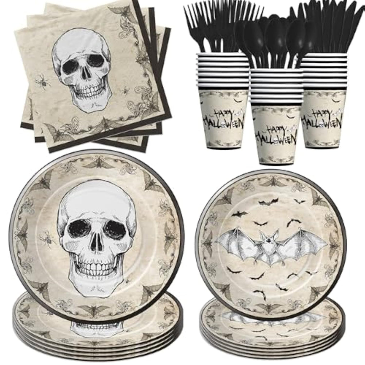 Halloween Party Tableware for Adults Vintage Skull Bat Plates Napkins Disposable Serves 24