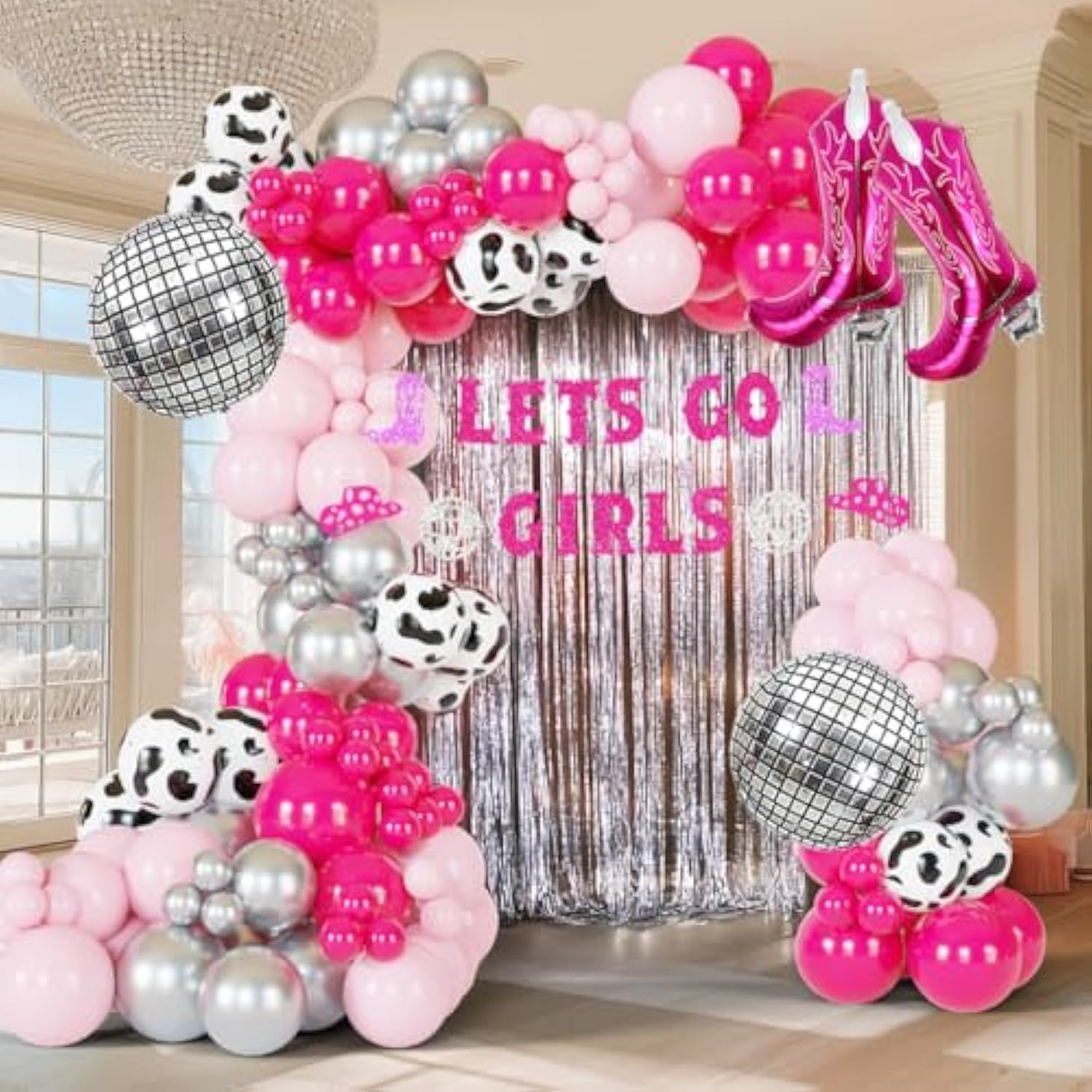 Cowgirl Balloons Arch Garland Kit For Last Rodeo Bachelorette Sash Supply Birthday Party Decorations,Hot Pink Rose Red Silver Cow Print Cowgirl Boot Disco Ball Balloon,Let’S Go Girl Banner Backdrop