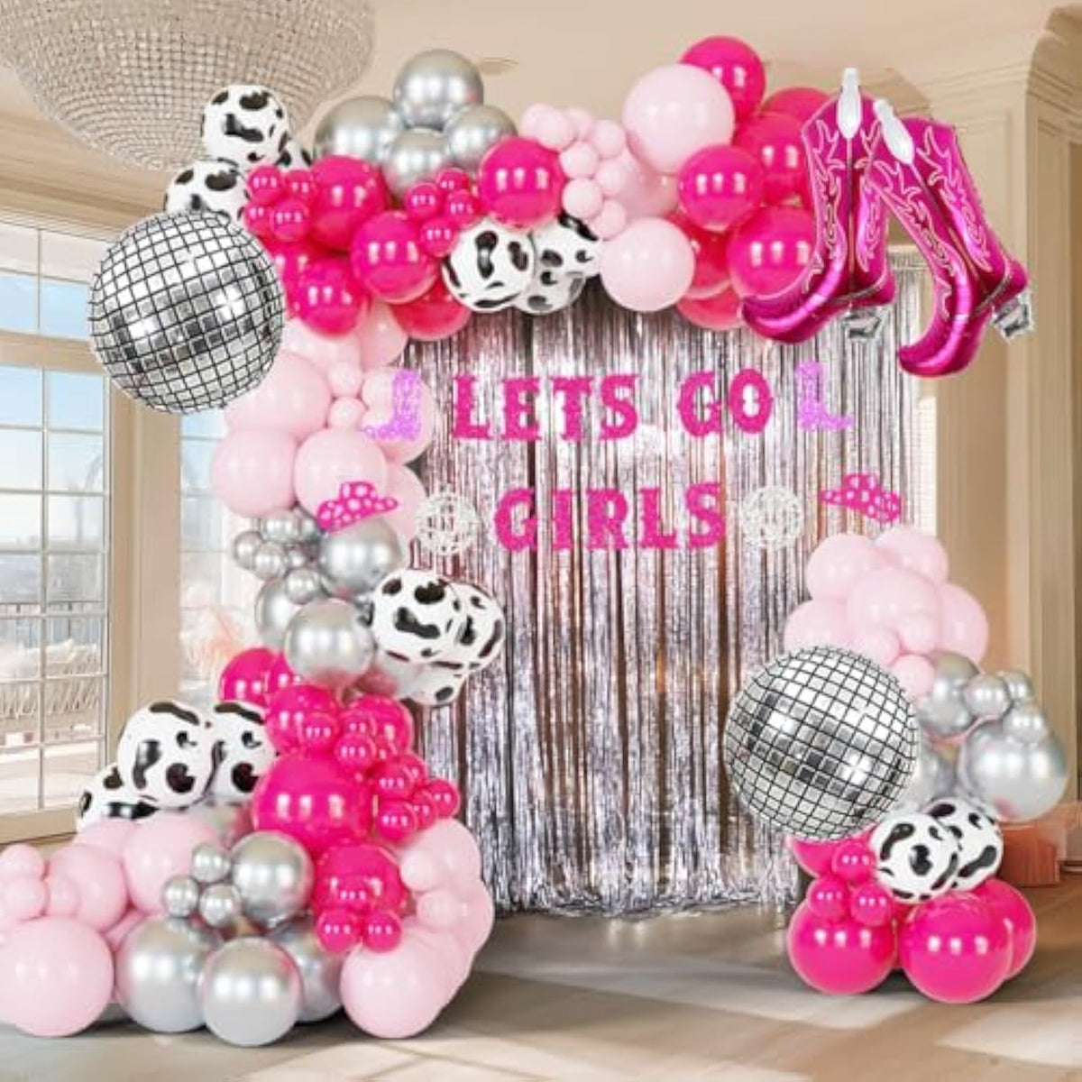 Cowgirl Balloons Arch Garland Kit For Last Rodeo Bachelorette Sash Supply Birthday Party Decorations,Hot Pink Rose Red Silver Cow Print Cowgirl Boot Disco Ball Balloon,Let’S Go Girl Banner Backdrop