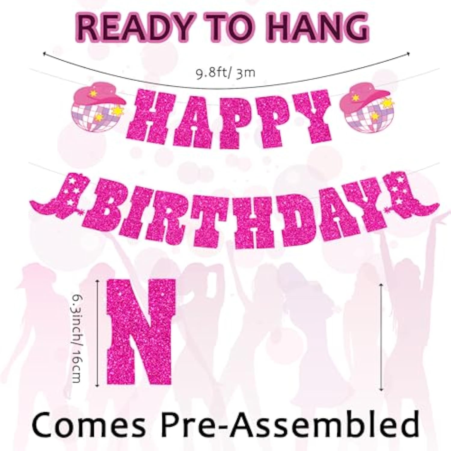 Cowgirl Birthday Décor Set – Glitter Banner with Boot, Hat & Disco Ball Garland for Girls’ Parties