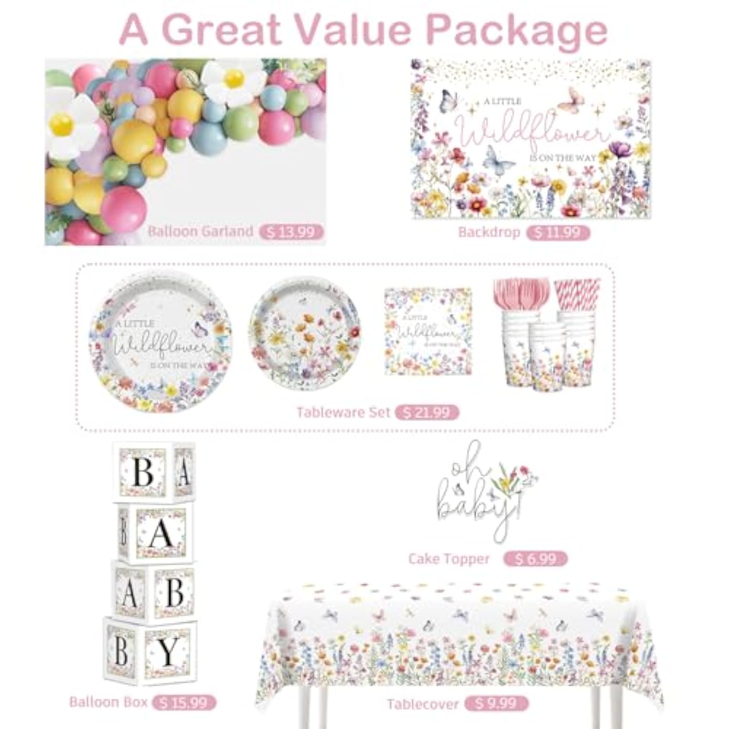 Wildflower Baby Shower Decorations For Girl, All-In-One Set A Wildflower Is On The Way Baby Shower Decor, Wildflower Balloon Arch Cake Topper Tableware Balloon Box Backdrop Sash Corsage, Etc