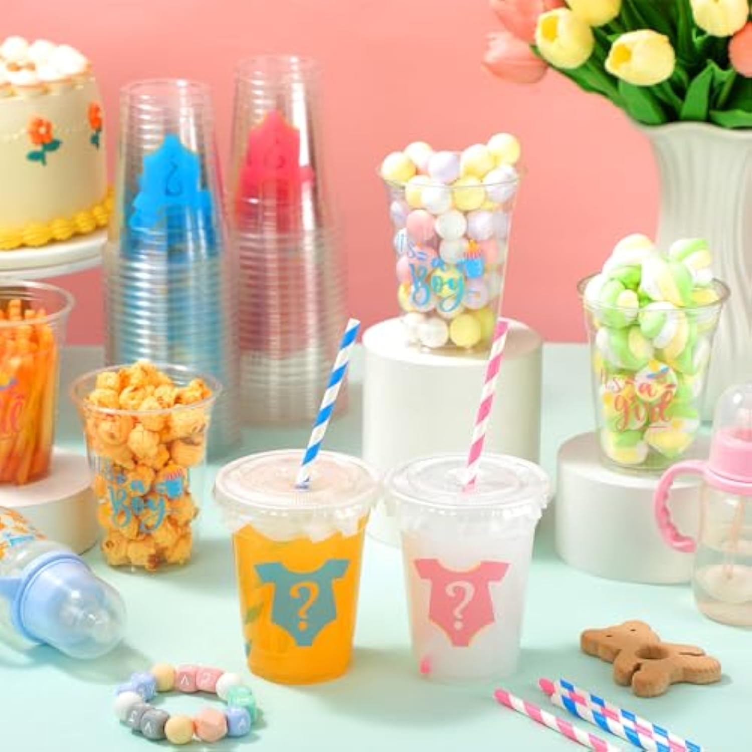 50 Pcs Gender Reveal Cups Gender Reveal Party Supplies 12 Oz Party Plastic Cups Boy Or Girl Clear Cup With Lids Straws Blue And Pink Baby Shower Decorations It'S A Boy Or It'S A Girl