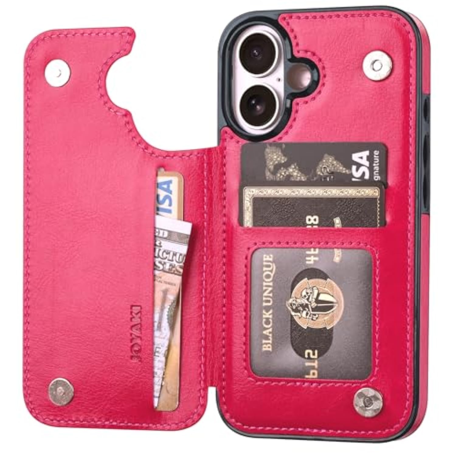 Wallet Case Compatible With Iphone 16 6.1", Slim Protective Case With Card Holder,Premium Pu Leather Kickstand Card Slots Case With Double Magnetic Clasp-Rosered