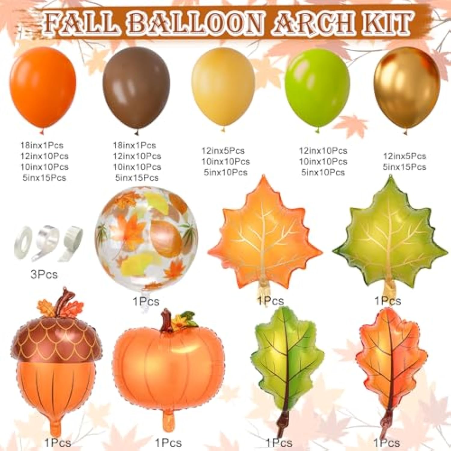 158PCS Fall Balloon Arch Kit with Pumpkin Acorn Maple Leaf Balloons for Thanksgiving