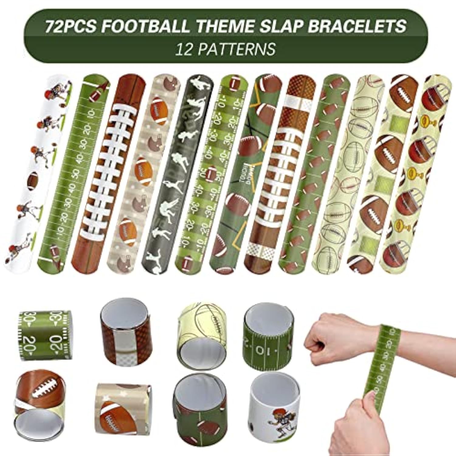 72Pcs Football Slap Bracelets Wristband Football Party Favors, Football Birthday Rugby Match Party Supplies Kids Classroom Gifts, Sports Themed Bracelets For Kids And Adults, 12 Designs