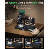 5 In 1 Wireless Charger With Alarm Clock For Apple Multiple Devices,Bedside Night Light Nightstand Mag-Safe Charging Station For Iphone 16/15/14/13/12,Apple Watch,Air-Pods(Black)