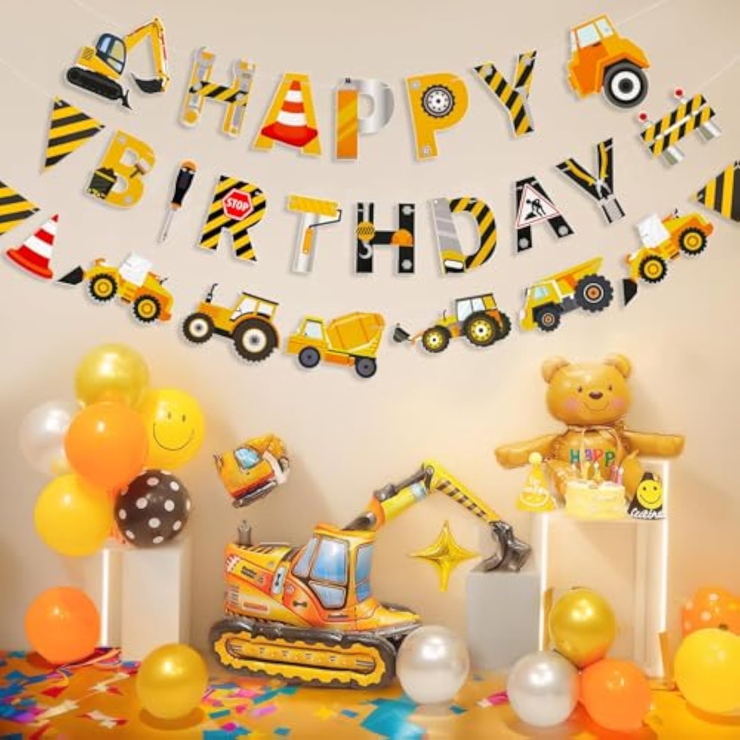 5 Pcs Construction Happy Birthday Banner, Vehicle Truck Garland Architectural Triangle Bunting Banner Boy Birthday Vehicle Engineering Theme Party Supplies Decoration
