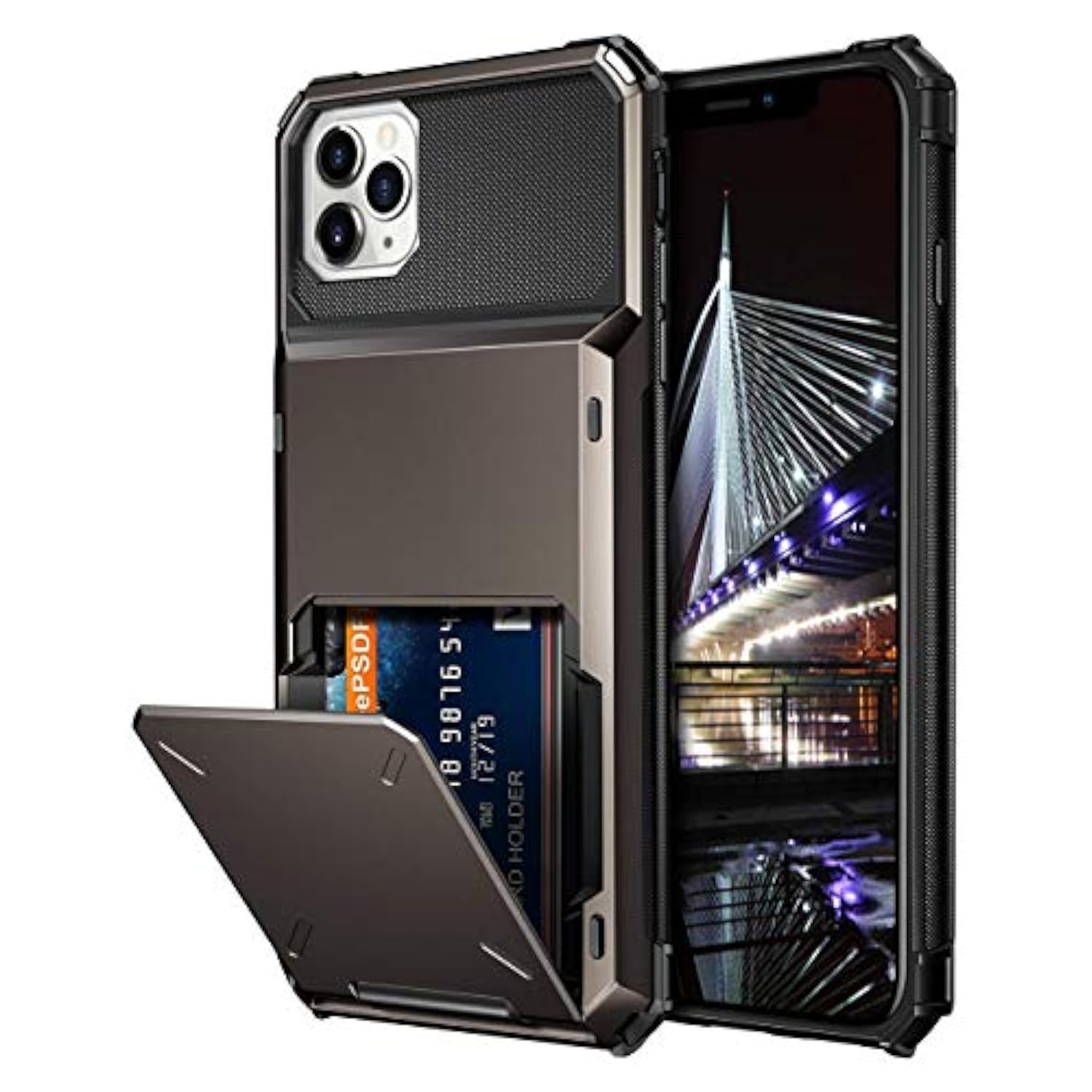 Case For Iphone 11 Pro Max Case Wallet 4-Card Holder Id Slot Flip Door Hidden Pocket Dual Layer Hybrid Bumper Armor Protective Hard Shell Back Cover For Iphone 11 Pro Max 6.5 Inch Gun Metal