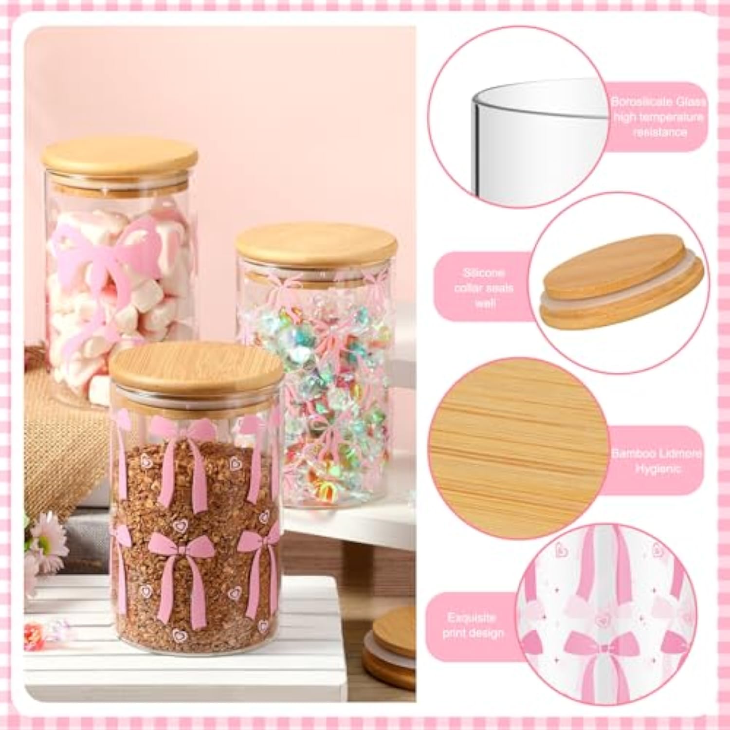 6 Pcs Valentines Day Pink Bow Glass Storage Jars With Airtight Lid 19 Oz Pink Bow Decorative Canisters Sets Sugar Container Farmhouse Kitchen Canisters Glass Organizers Kitchen Countertop Gift