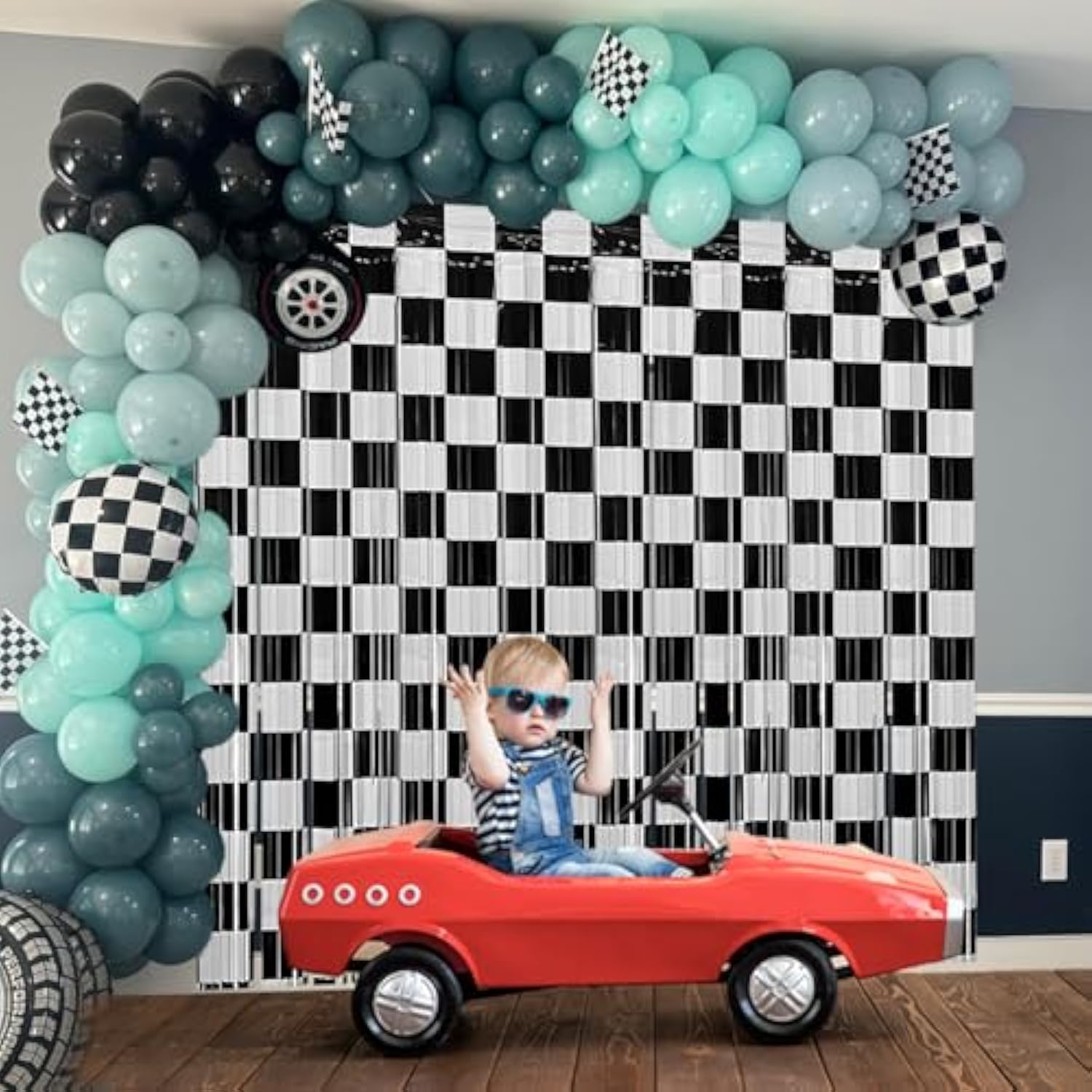 Race Car Birthday Party Streamers Backdrops Decorations, 2 Pcs Checkered Black White Foil Fringe Curtain Photo Booth Props For Racing Cars One Happy Dude Party Decor Supplies