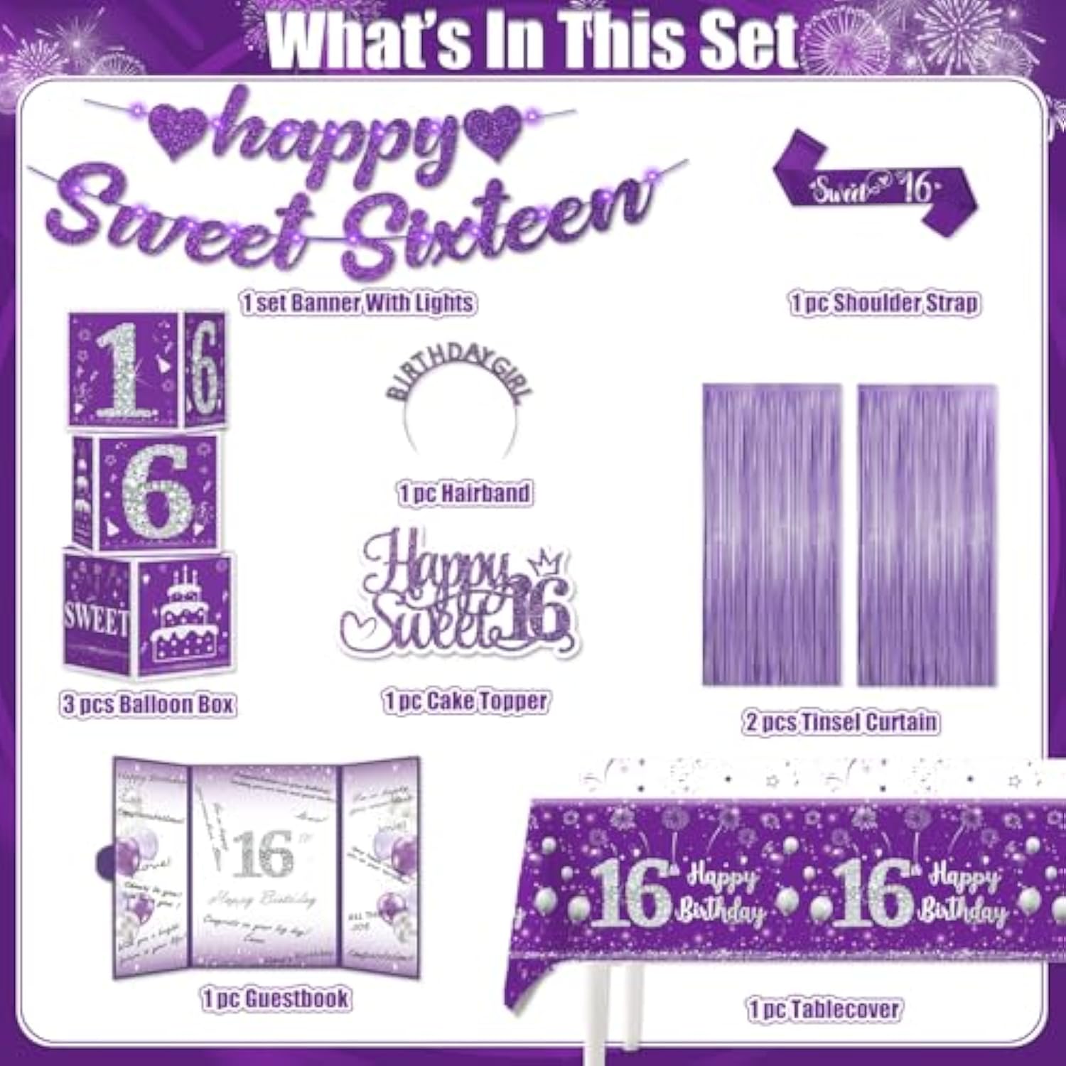 104Pcs Sweet 16 Birthday Decorations For Girls, Purple Sweet 16 Party Decorations Include Banner Balloons Balloons Box Tiara Sash Caketopper Guest Book Tablecloth Foil Fringe Curtain