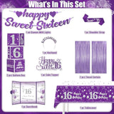104Pcs Sweet 16 Birthday Decorations For Girls, Purple Sweet 16 Party Decorations Include Banner Balloons Balloons Box Tiara Sash Caketopper Guest Book Tablecloth Foil Fringe Curtain