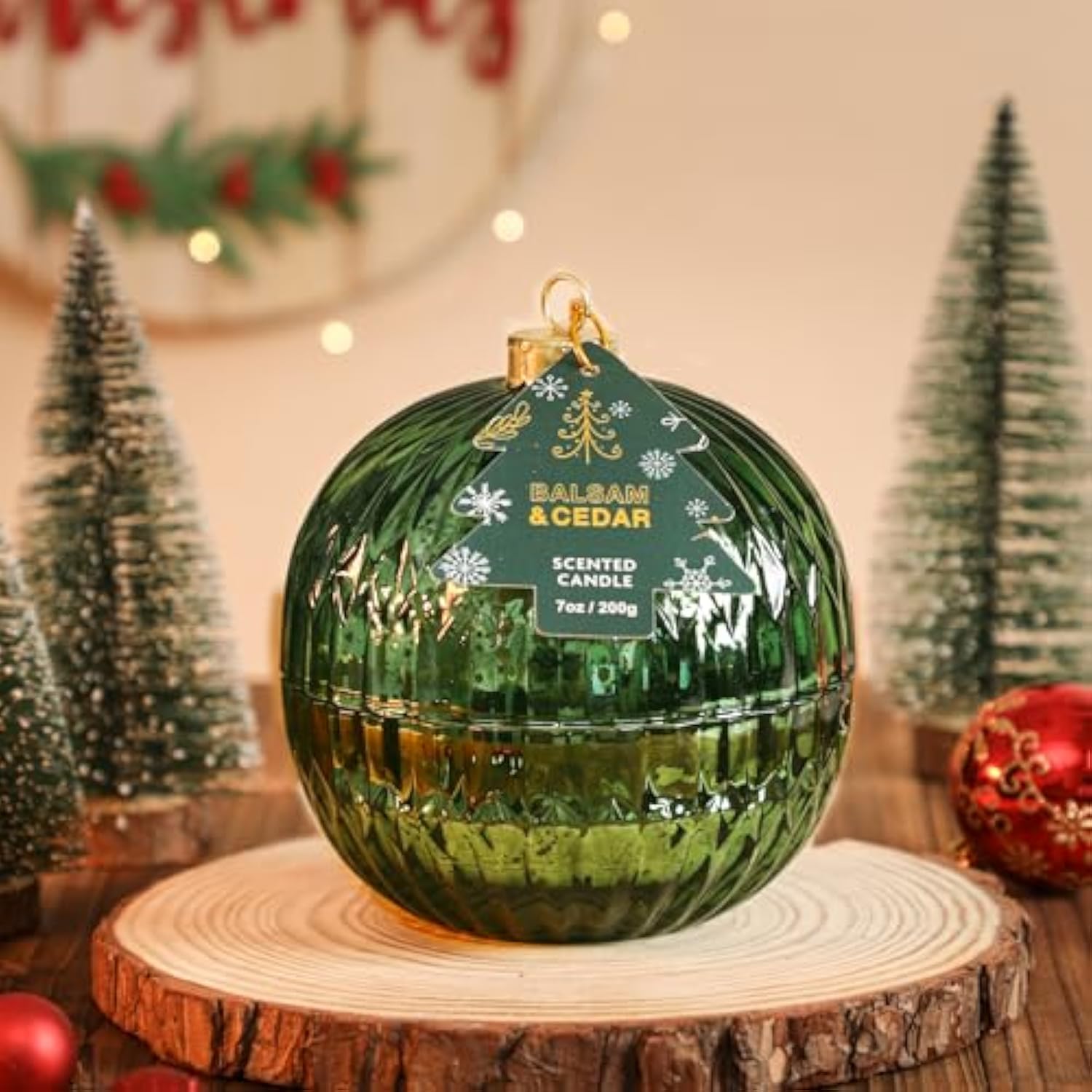 Christmas Ornament Ball Candle, Balsam & Cedar Scented Candle, Green Glass Ball Decor, Xmas Gift, Holiday Tabletop Centerpiece