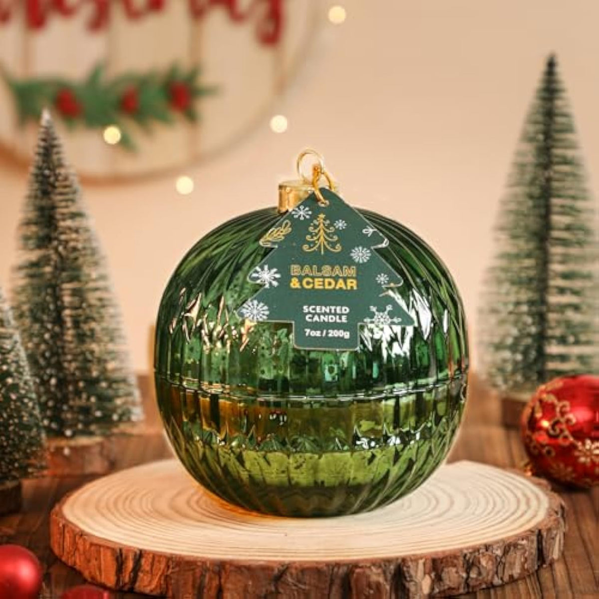 Christmas Ornament Ball Candle, Balsam & Cedar Scented Candle, Green Glass Ball Decor, Xmas Gift, Holiday Tabletop Centerpiece