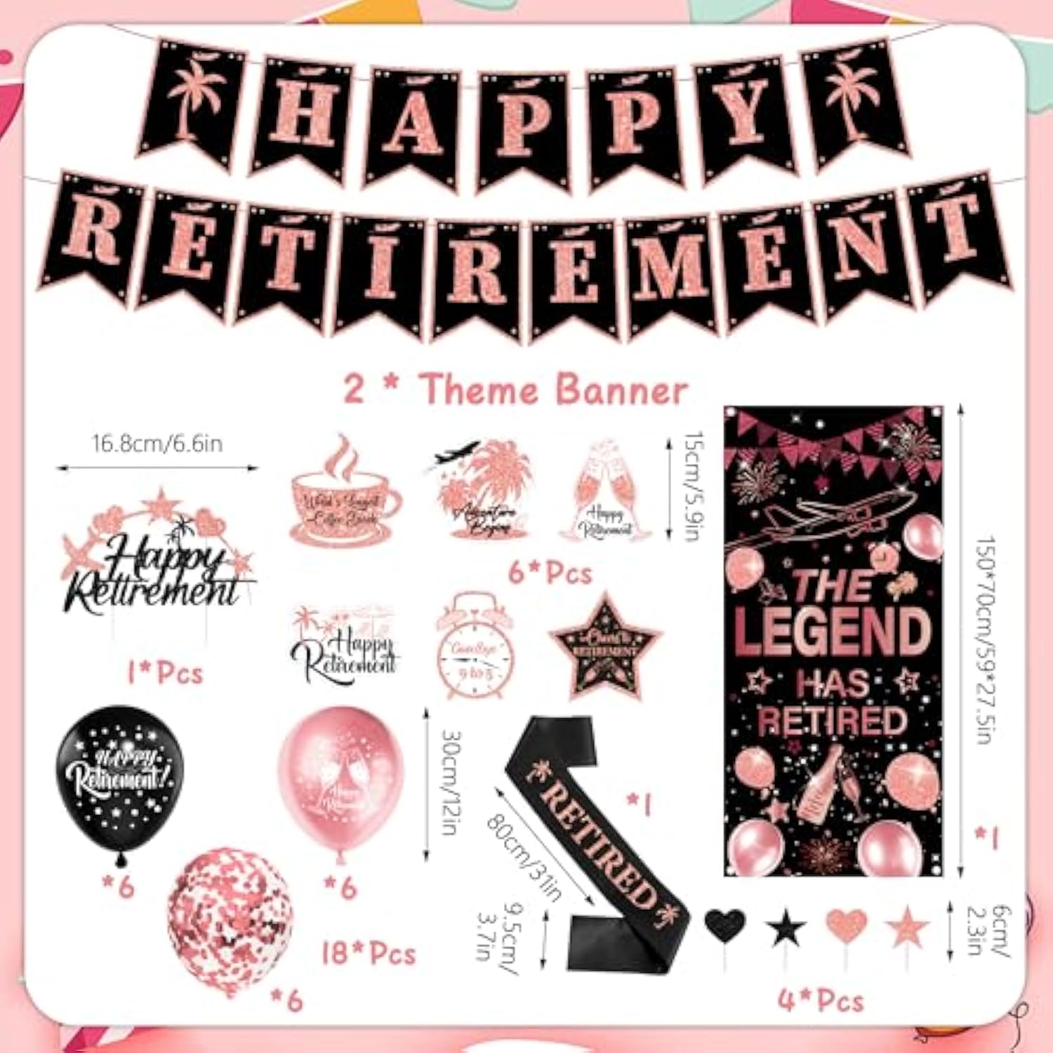 Happy Retirement Party Decorations Women - 33 Pcs Black Rose Gold Banners Hanging Swirls Glitter Cupcake Cake Toppers Backdrop Sparkling Sash Confetti Balloons For Retire Decoration Party Supplies