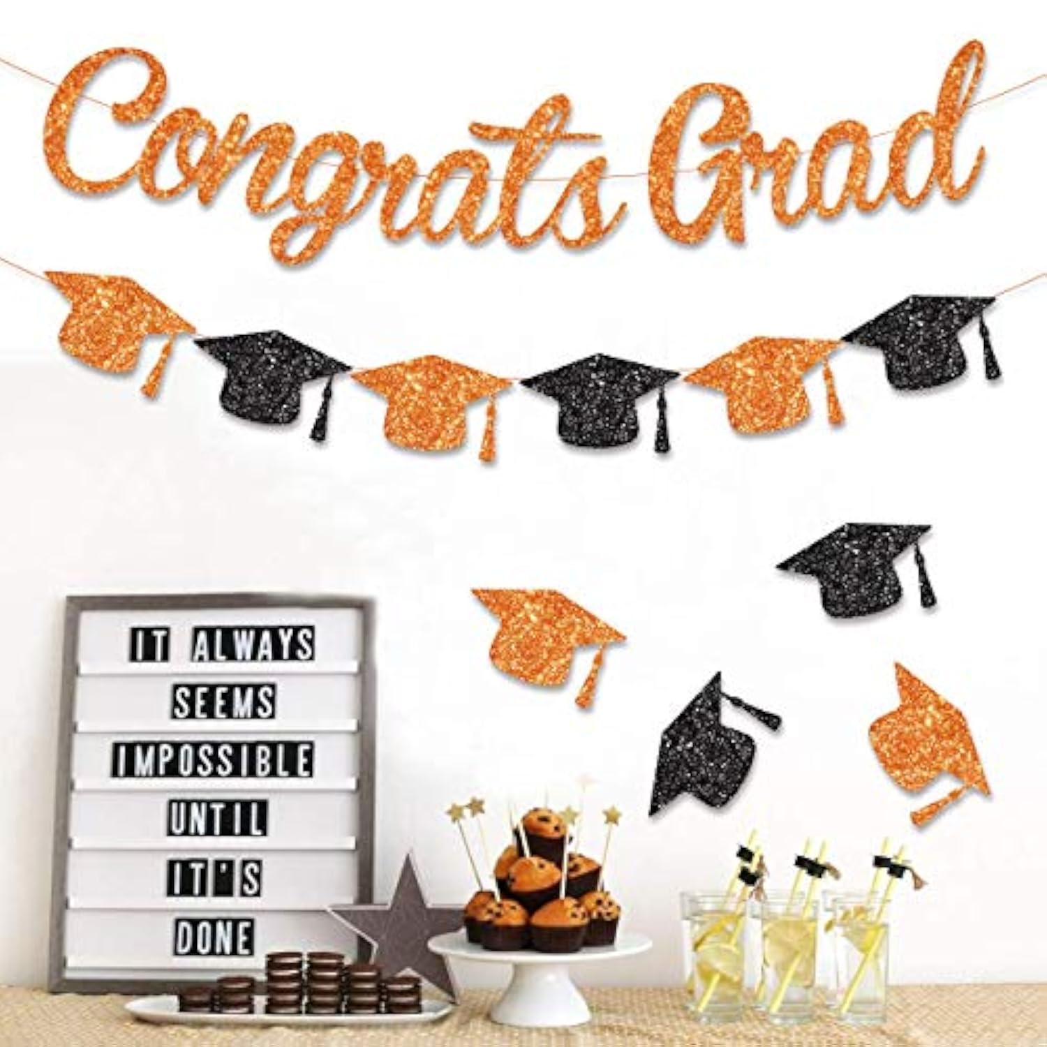 Graduation Party Decorations, Congrats Grad 2026 Glitter Banner Orange Black, Class Of 2026 Cap Bunting Garland Sign For Kindergarten Primary Seniors High School College University