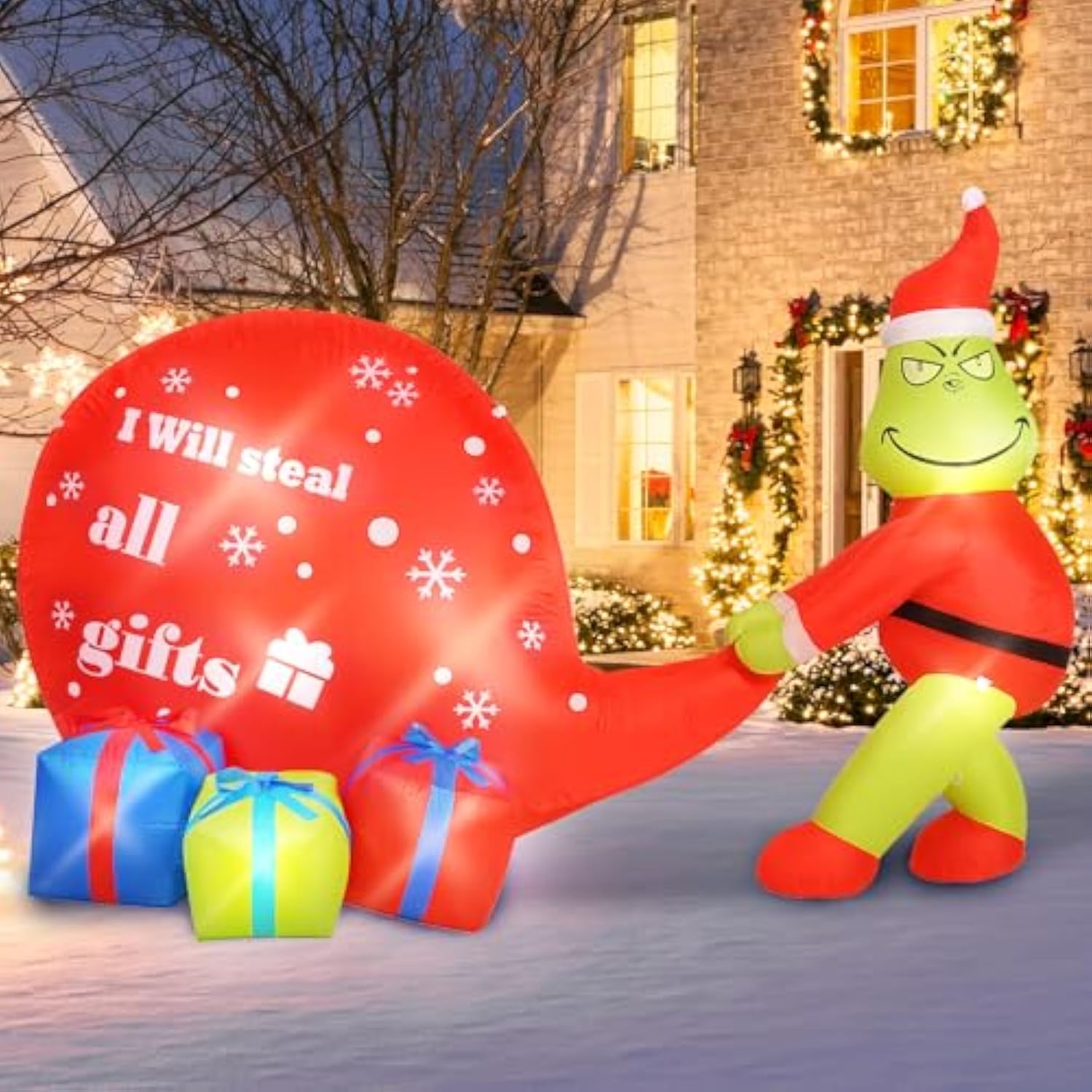 Christmas Green Big Monster Inflatable Decorations, 5.5Ft Lighted Up Christmas Outdoor Inflatable Decor Build-In 8 Led,