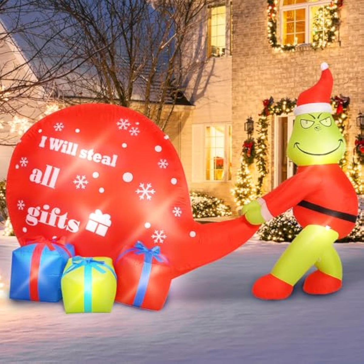 Christmas Green Big Monster Inflatable Decorations, 5.5Ft Lighted Up Christmas Outdoor Inflatable Decor Build-In 8 Led,
