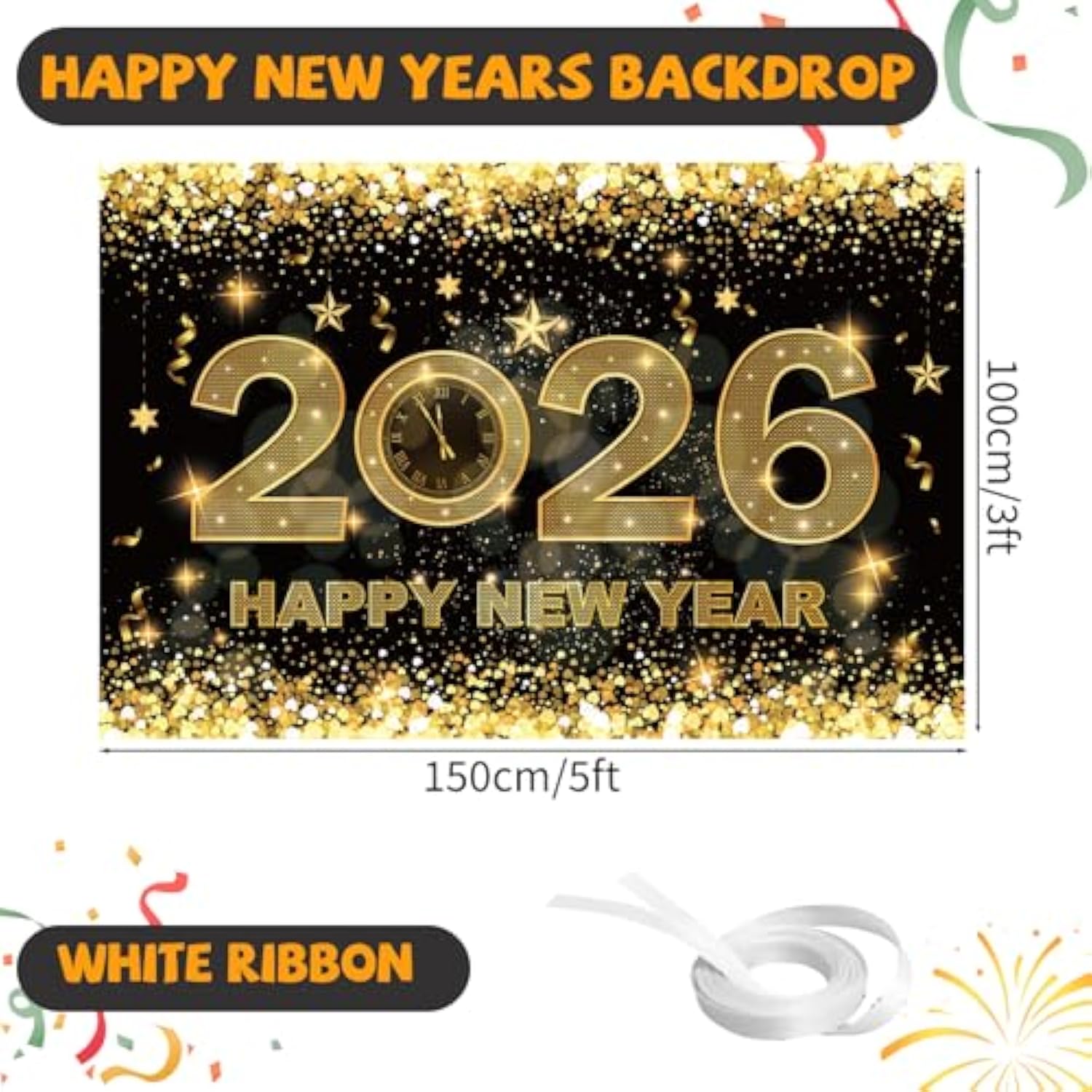 2026 Happy New Year Banner 5×3 Ft Black Gold Backdrop for Party and Photos