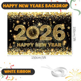 2026 Happy New Year Banner 5×3 Ft Black Gold Backdrop for Party and Photos