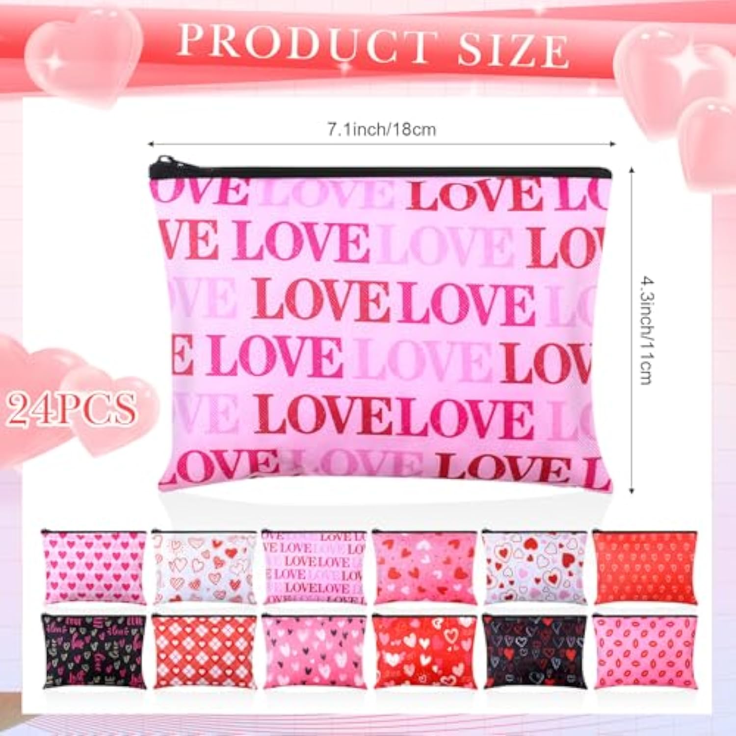 24 Pcs Cosmetic Bags Makeup Bags Bulk Cute Portable Pouches With Zipper Travel Toiletry Organizer Purse Women'S Gift Birthday Party Favors (Valentine'S Day)