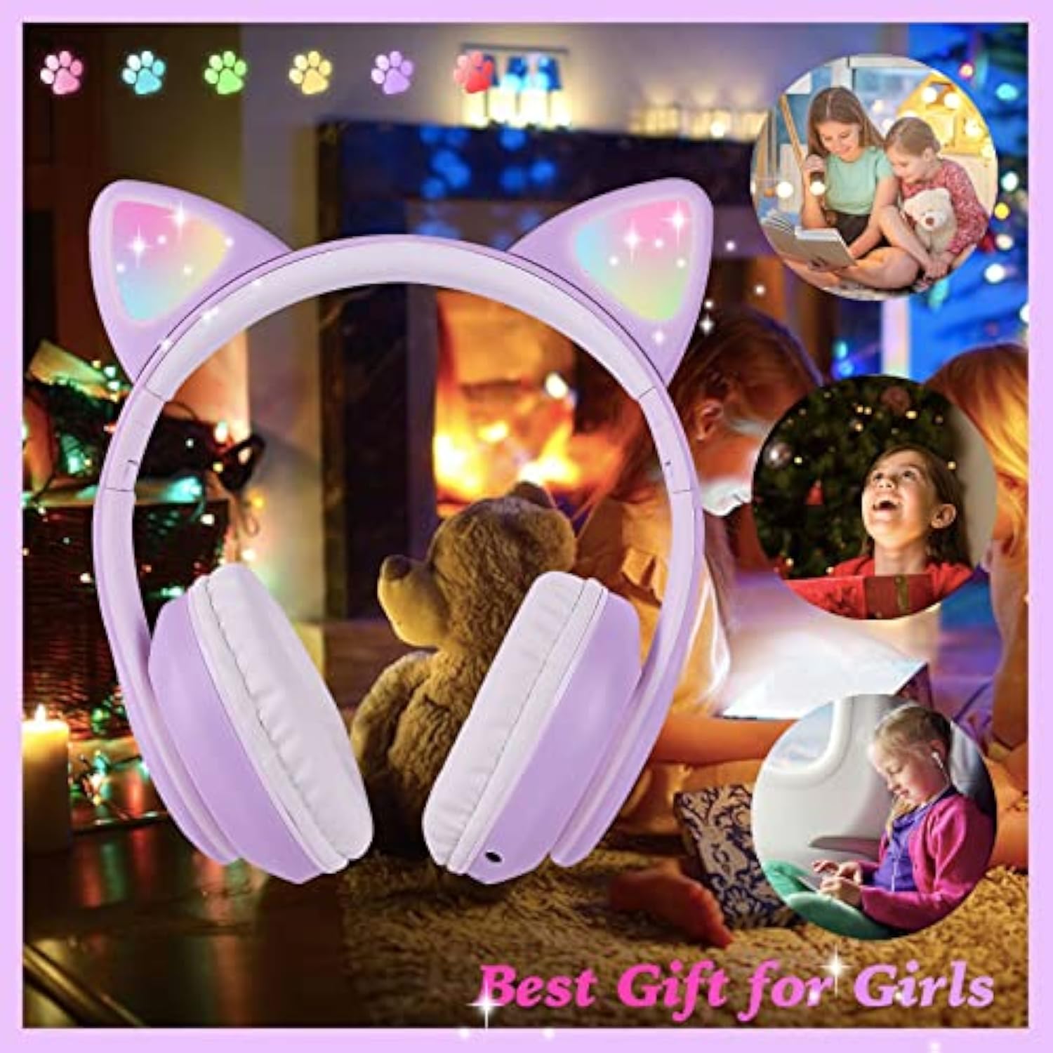 Wireless Cat Ear Headphones For Kids, Led Light Up Kids Girls Bluetooth Headph