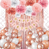 Rose Gold Birthday Decorations For Women Girl, Happy Birthday Banner Fringe Curtains Balloons Tissue Paper Pom Poms Hanging Swirl Birthday Party Décor
