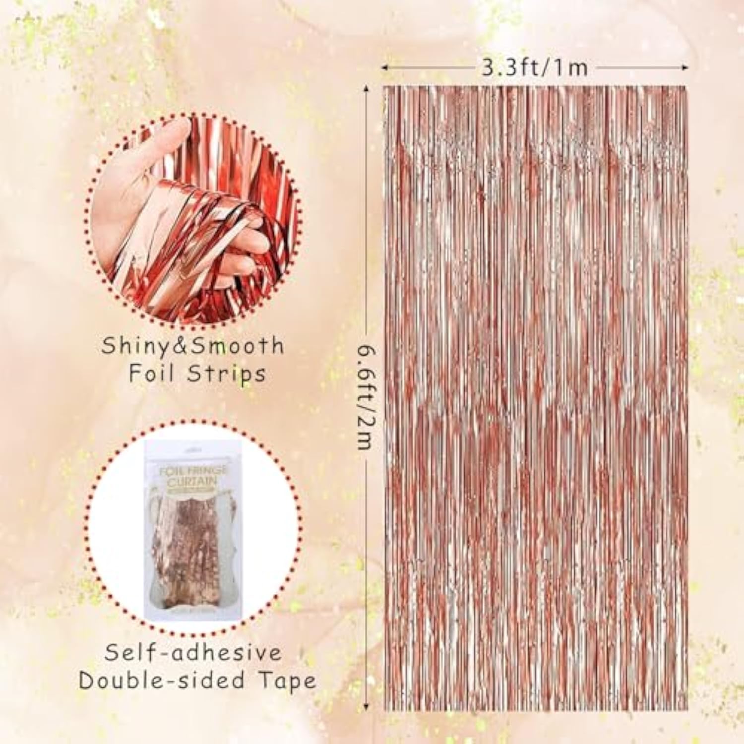 2-Pack Rose Gold Foil Fringe Curtains 3x6.5 ft for Party and Event Decor