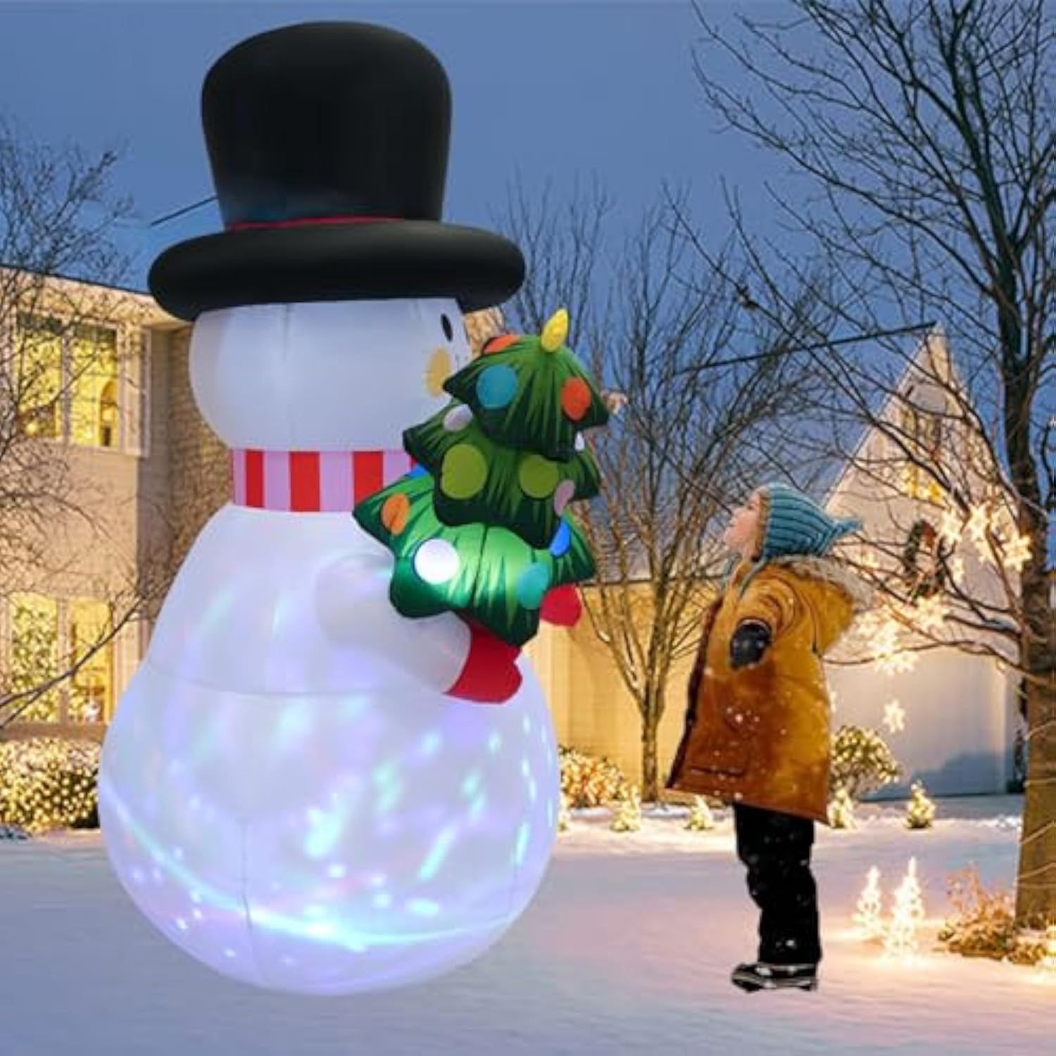 8 Ft Christmas Inflatables Snowman Yard Decoration, Blow Up Snowman With Christmas Tree Outdoor Decoration With Rotating