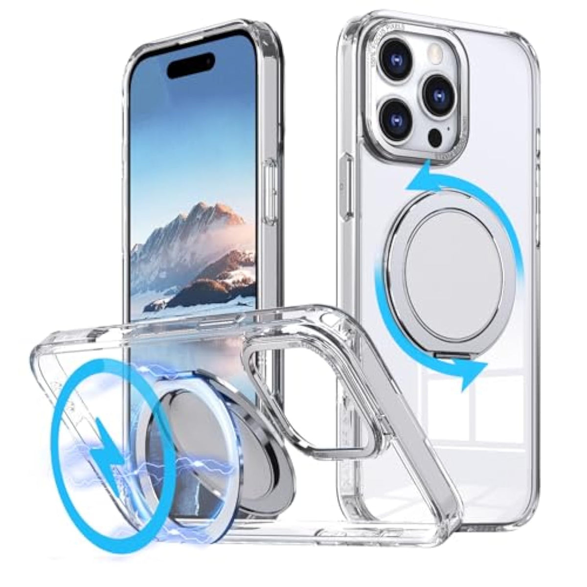 360° Ring Stand Magnetic For Iphone 16 Pro Max Case, [Anti-Fingerprint] [Military Drop Protection] [Compatible With Magsafe] Soft Edge Translucent Slim Back 16 Promax Phone Case (Clear)