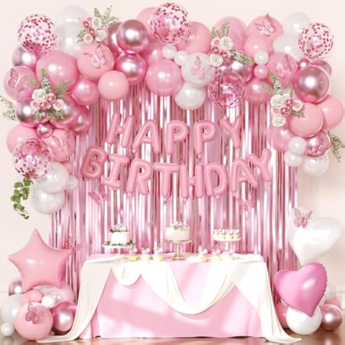Pink Birthday Decorations For Women Girls, Metallic Pink Pearl White Confetti Foil Balloons Happy Birthday Banner Butterfly Fringe Curtains For Birthday Party Supplies