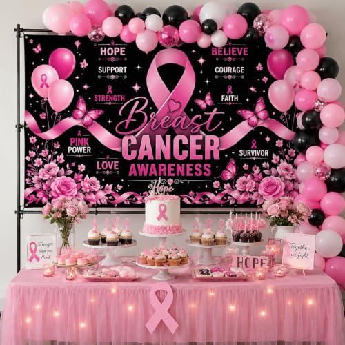 Breast Cancer Awareness Backdrop Banner October Pink Ribbon Decorations for Home Office We Wear Pink Breast Cancer Awareness Party Decorations Photo Booth Props 70.8 x 43.3 Inch