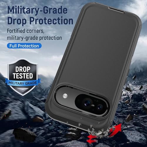 For Google Pixel 9/Pixel 9 Pro Case - 3-In-1 Heavy Duty Rubber Protection Cover,16 Ft Military Grade Shockproof Secure Layered Pixel 9/9 Pro Phone Case-Black