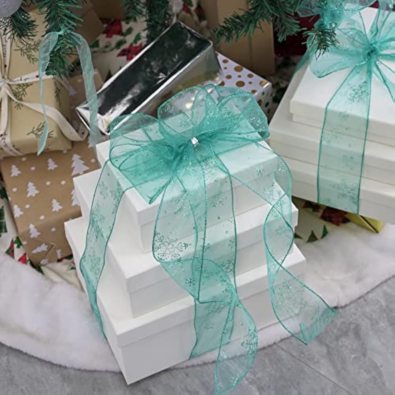 Snowflake Sheer Wired Teal Ribbon For Christmas Tree - 50 Yards, Top Bows, Garland, Gift Wrapping, Wreaths - 2.5
