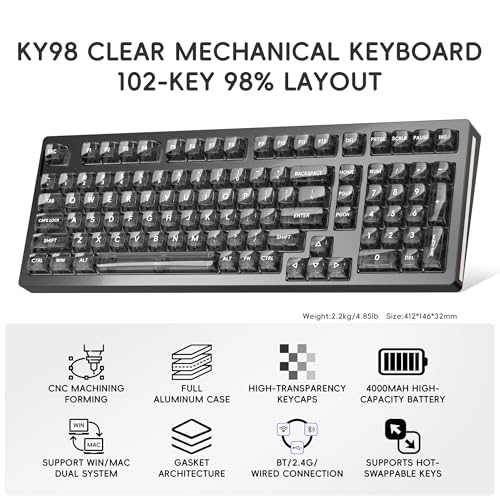 Ky98 Wireless Mechanical Keyboard With Transparent Keycaps,Full Aluminum Cnc,Hot-Swappable,Pre-Lubed Linear Switches,Gasket Structure,Rgb Backlit,Oled Screen,Bt5.0/2.4G/Usb-C Wired (Black)