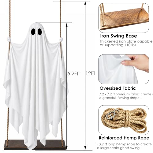 Hanging Ghost Halloween Decorations Outdoor, 7-12 FT Light Up Ghost Swing