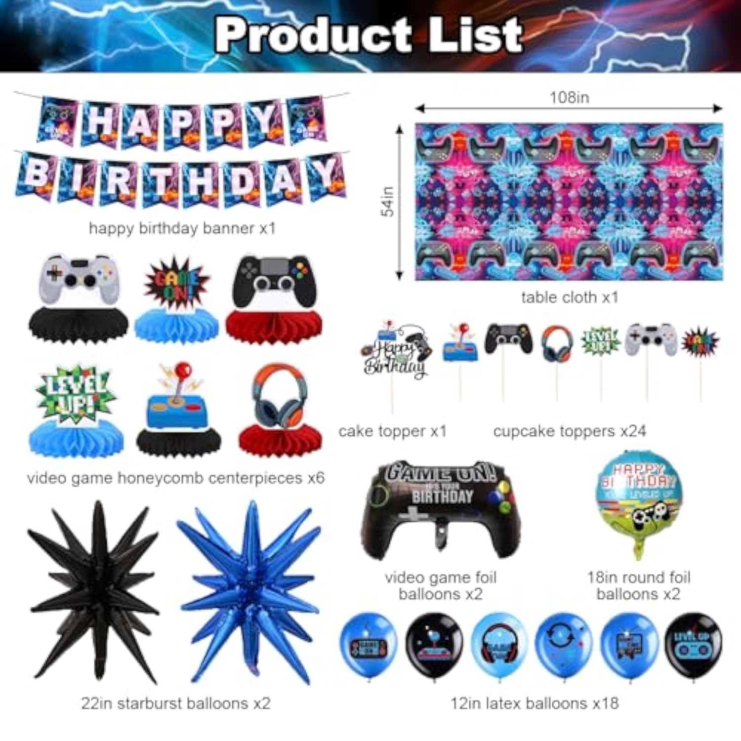 Video Game Happy Birthday Decorations - Game Party Decorations Supplies With Banner, Honeycomb Table Centerpieces, Tablecloth, Cake Toppers, Video Game Balloons For Boys Birthday Gamer Party