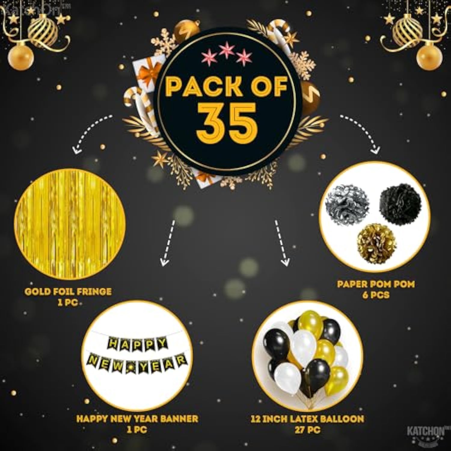 35pc New Year’s Eve 2025 Party Supplies Banner Gold Fringe Curtain