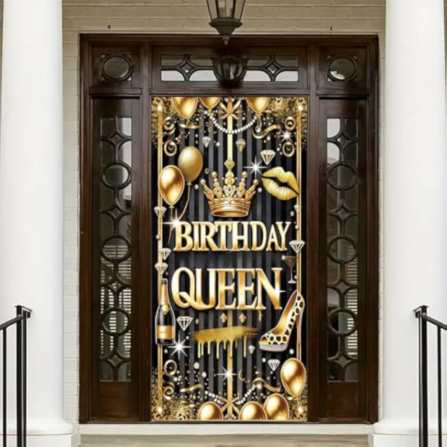 Black Gold Birthday Queen Door Cover Banner 71 X 35 Inch Happy Birthday Backdrop Photography Background Decoration For Women Girls Birthday Party Home Outdoor Decor