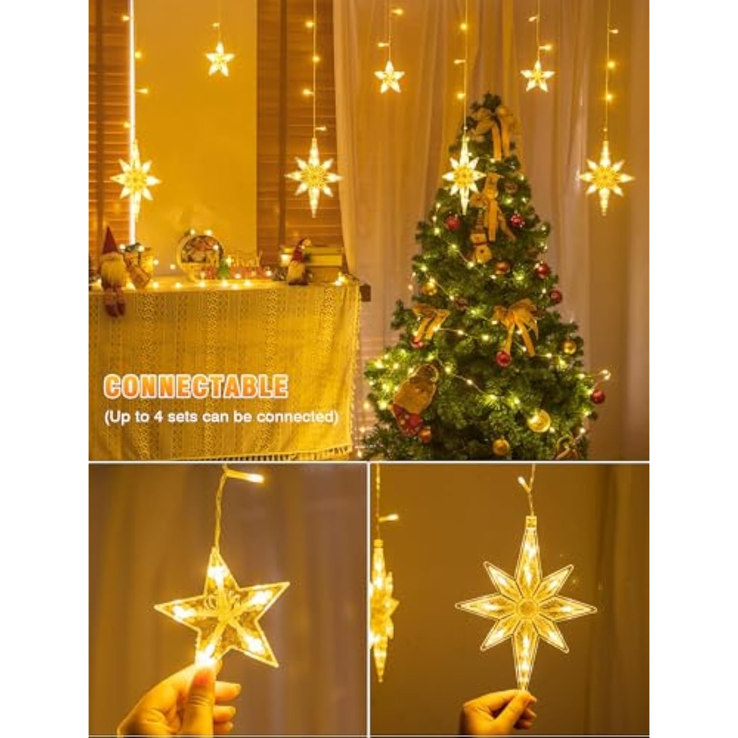 126 Led Star Icicle Lights,7.8Ft Connectable Window Curtain Lights Plug In,8 Lighting Modes Timer Bethlehem Star Christm