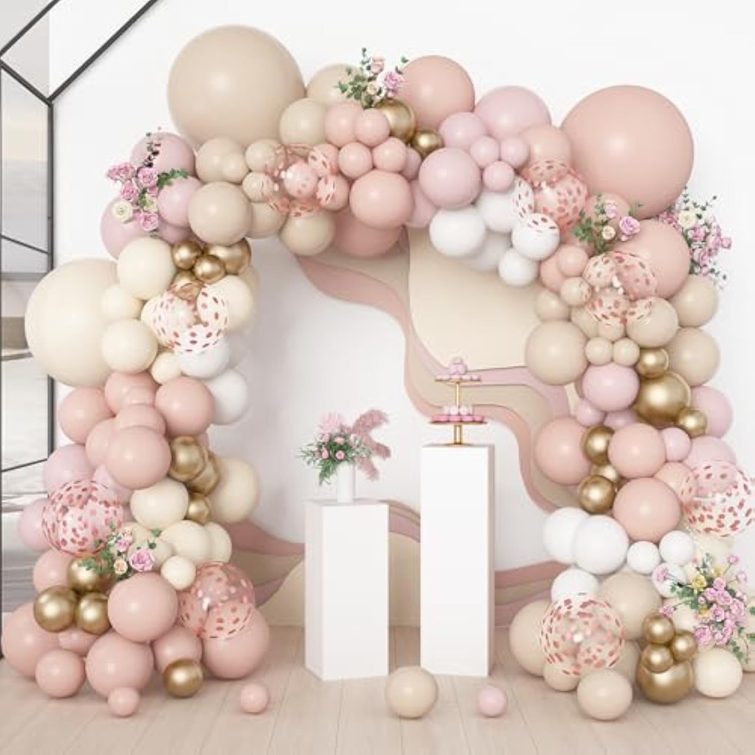 173Pcs Boho Dusty Pink Balloon Arch Garland Kit, Neutral Baby Pink Ivory White Sand Nude Rose Gold Confetti Balloons For Girl Baby Shower Gender Reveal Wedding Birthday Party Decorations