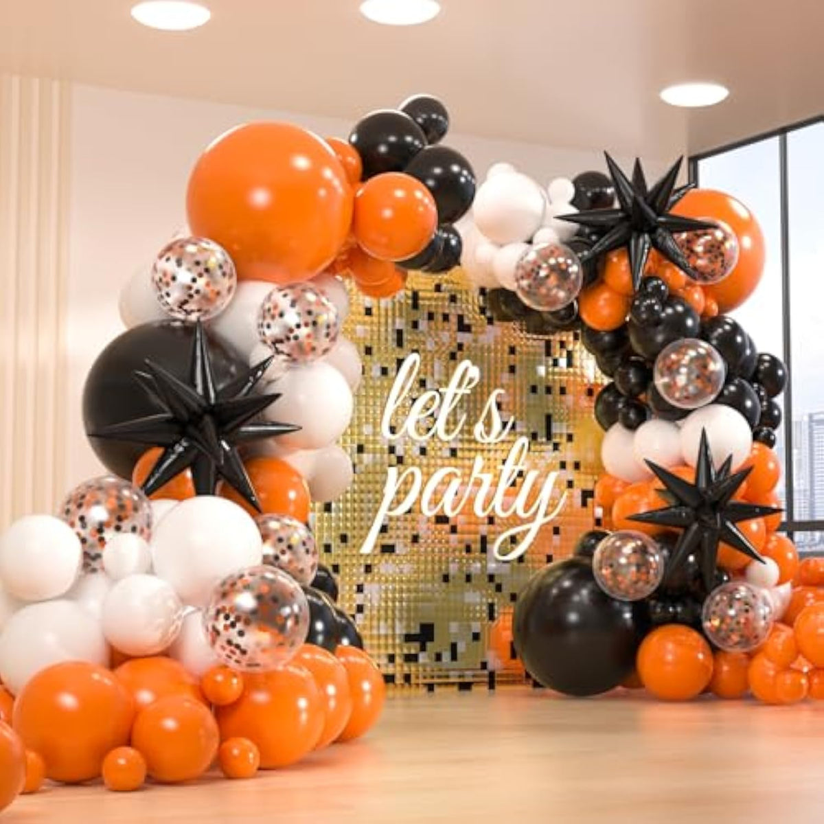 161Pcs Black, White & Orange Balloon Arch Kit with 3 Starburst Foils for Party Decor