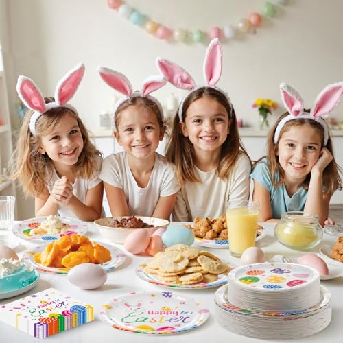 150 Pcs Happy Easter Plates and Napkins - Easte Egg Paper Dinnerware Set, Cute Eastes Rabbit Dinner Dessert Plates Luncheon Napkins Tableware for Easter Activity Party Supplies Table Decor, Serves 50