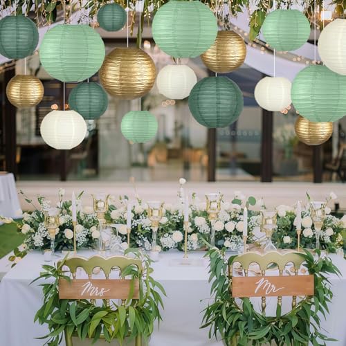 15-Pack Sage Green Gold Paper Lanterns Party Decorations